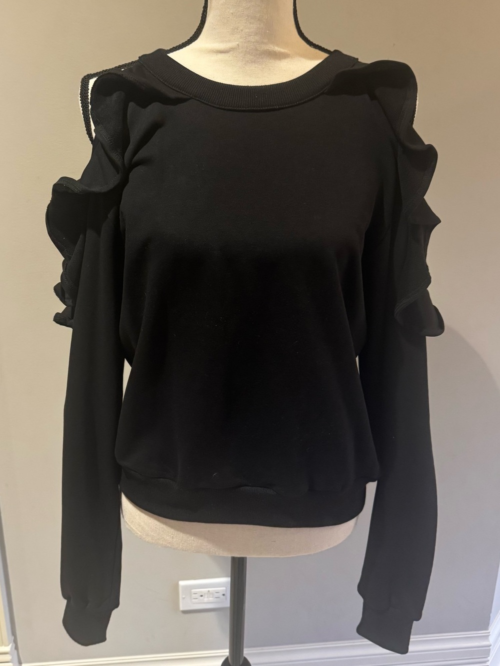 Black Cold-Shoulder Ruffle Sweatshirt - Women